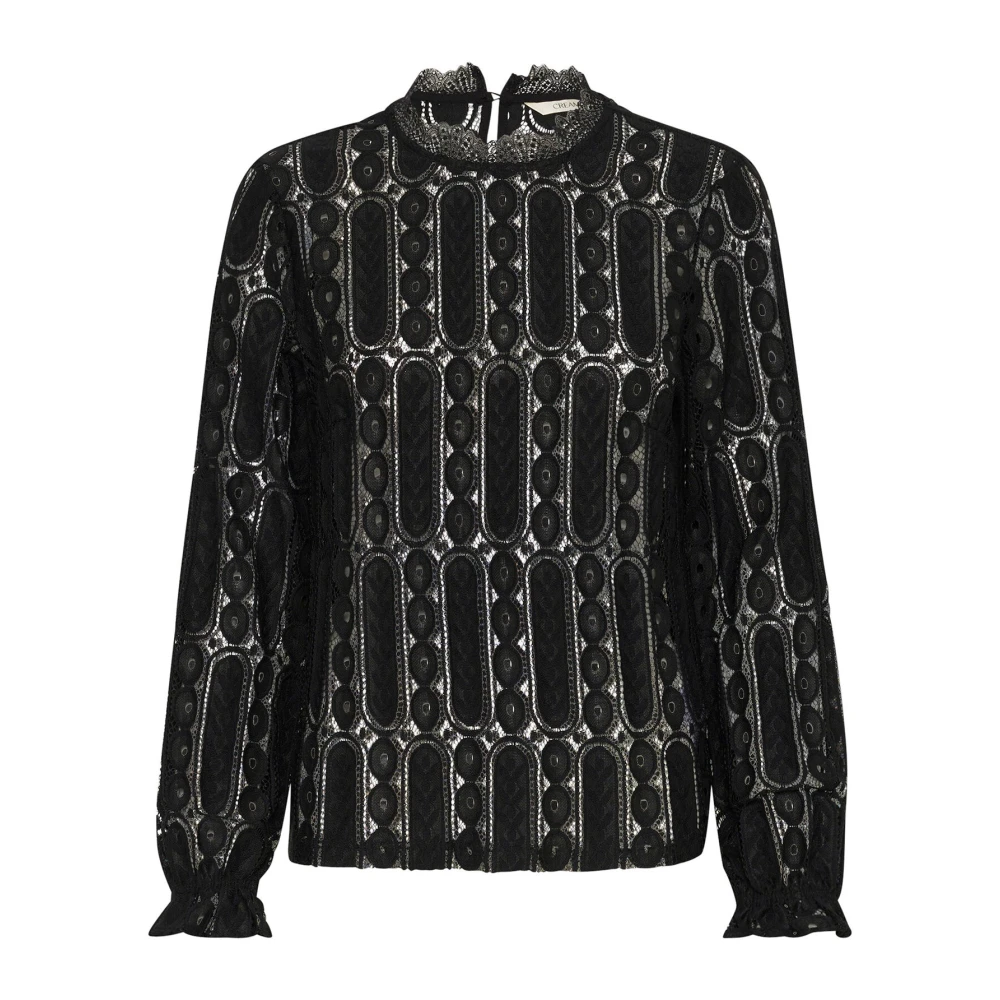 Cream Women's Black Blouses, M, Lace Blouse With Puff Sleeves