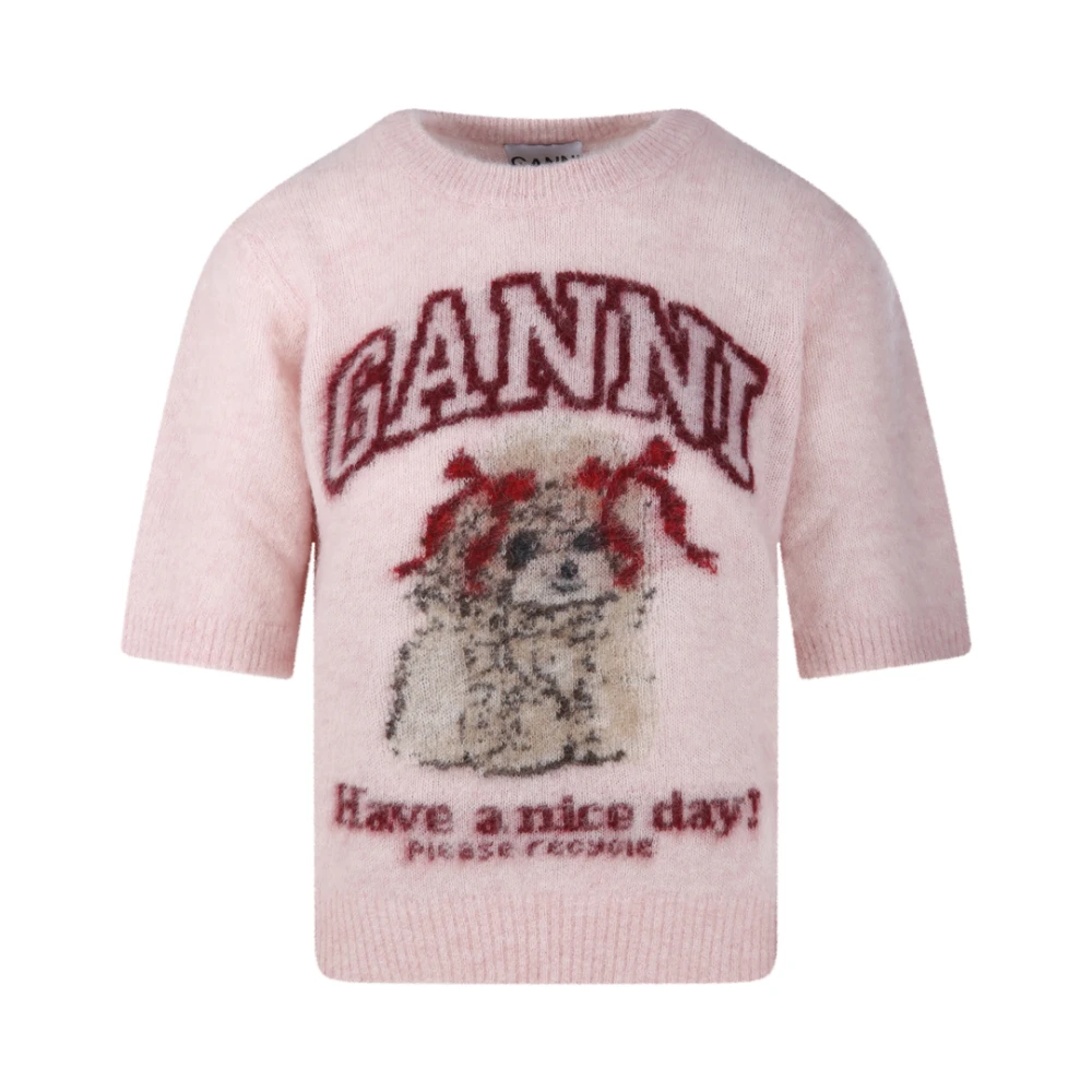 Ganni Women's Pink Brushed Alpaca Graphic T Shirt