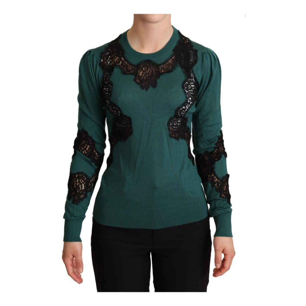 Dolce & Gabbana Women's Green Lace Trimmed Jumper - Round-Neck Knitwear - Xs - Knitwear