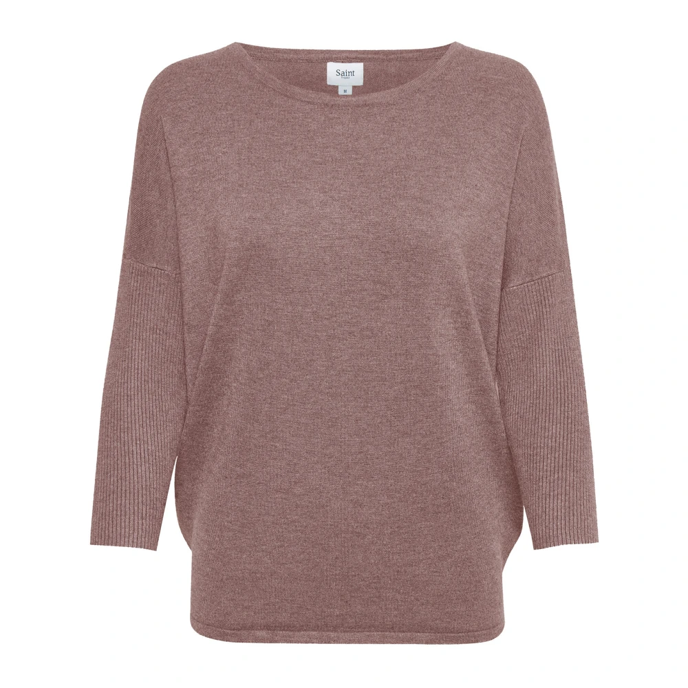 Saint Tropez Eenvoudige Gebreide Trui met ¾ Mouwen en Ronde Hals Brown Dames