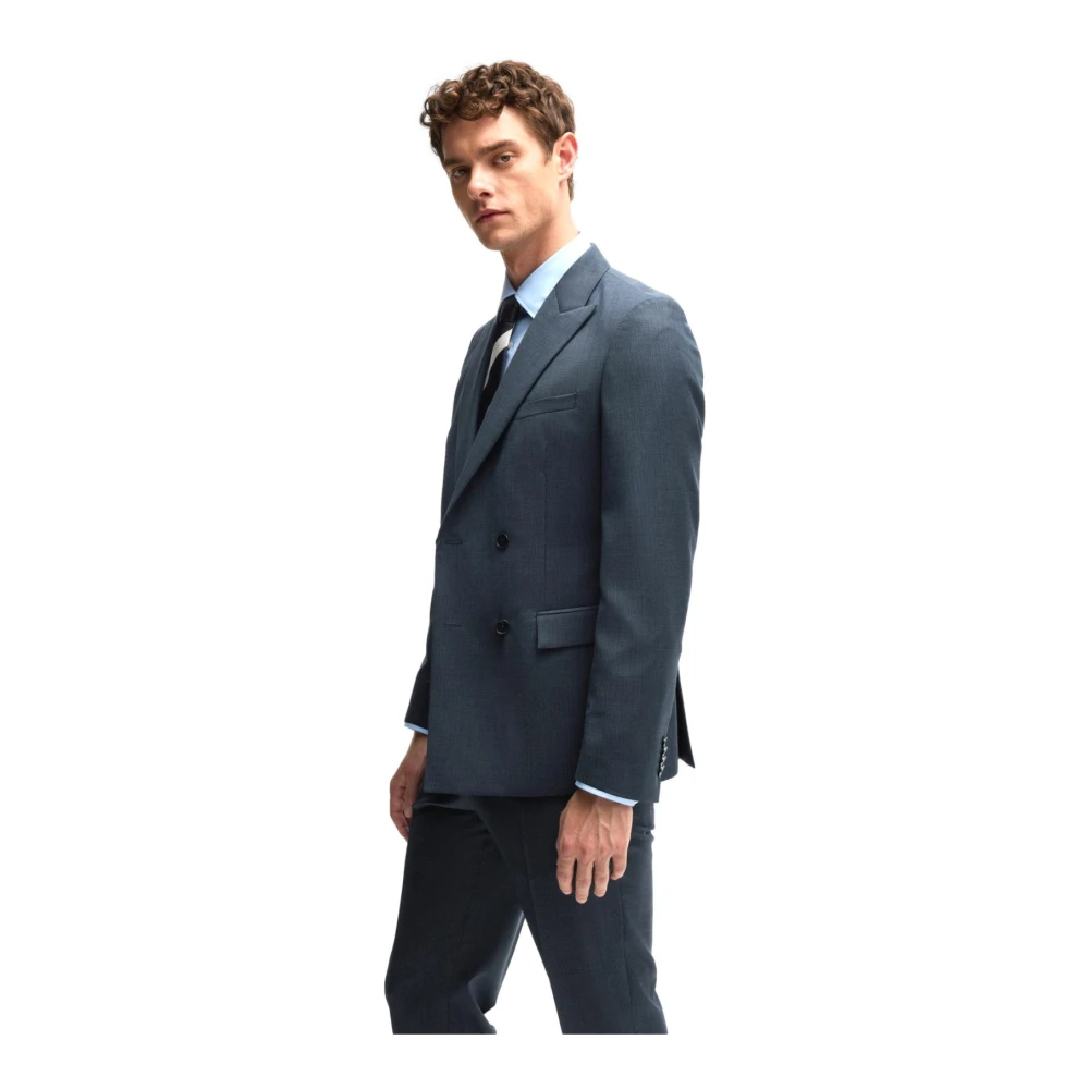 Hugo Boss Slim Fit Wol Double-Breasted Pak Blauw Blue Heren