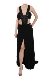 Black Crystal Leather Gown Flare Dress
