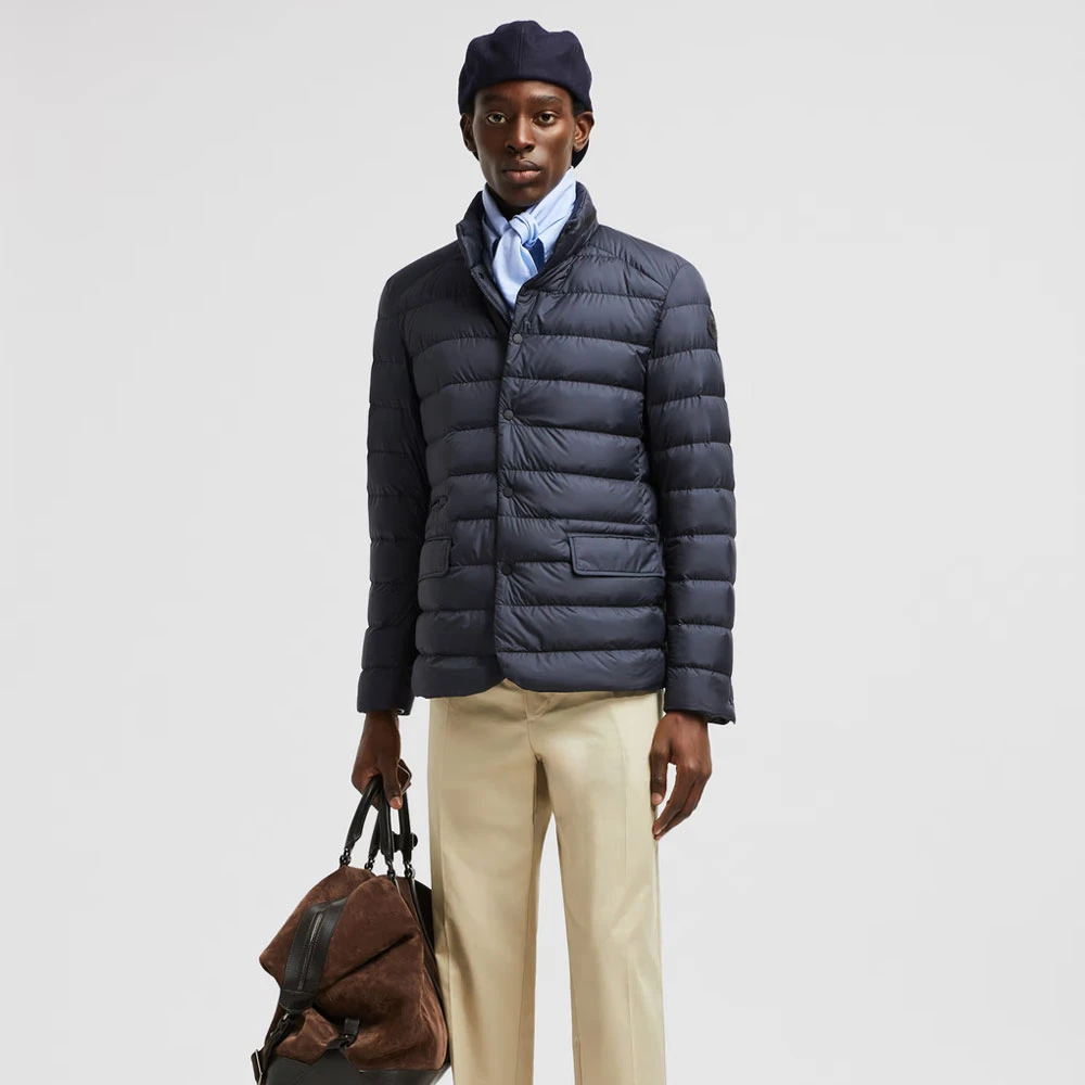 Moncler Navy Leren-afgewerkte Donsjas Blue Heren