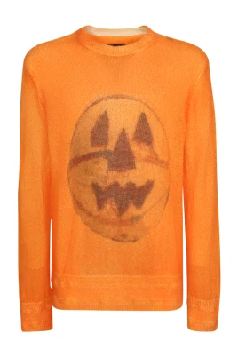 Orange Stickat med Grafiskt Tryck