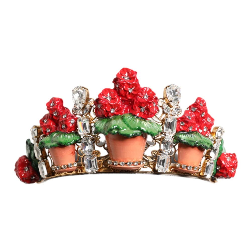 Dolce & Gabbana Vrouw Multicolor Accessoires Dames, Veelkleurig, One Size, Rood Bloemen Kristal Gouden Kroon Haarband