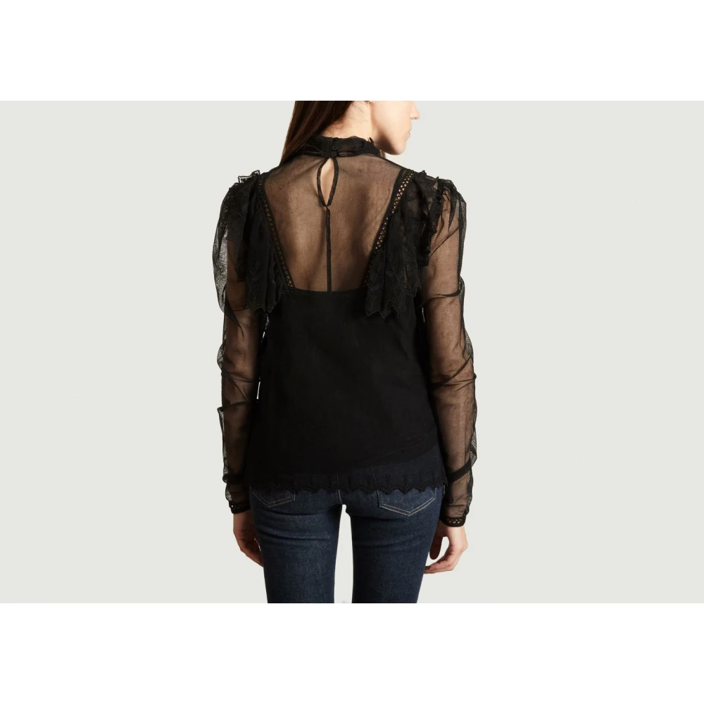 See by Chloé Zwarte kanten top met ruchekraag Black Dames