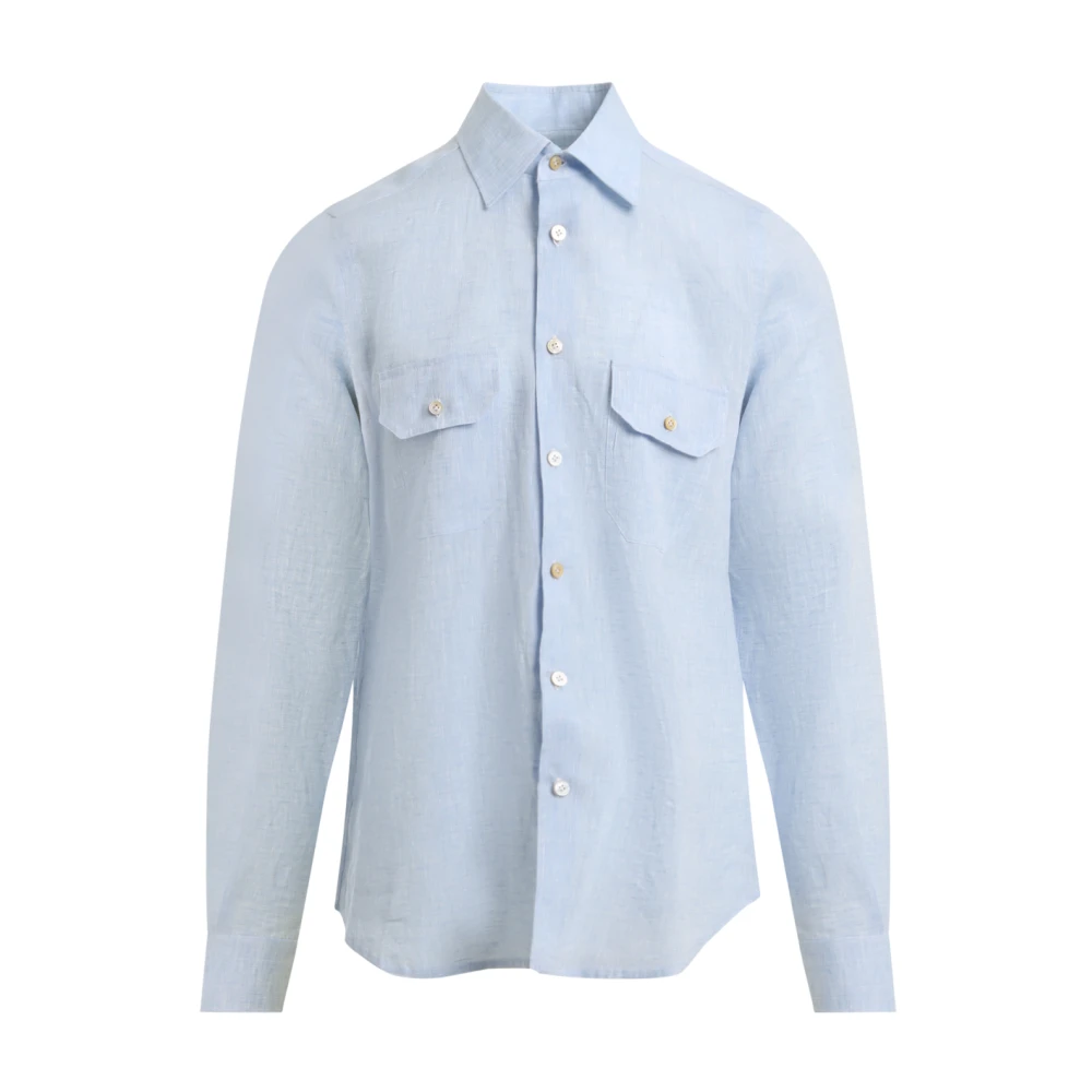 Kiton Blauw Linnen Overhemd Verhoog Garderobe Blue Heren