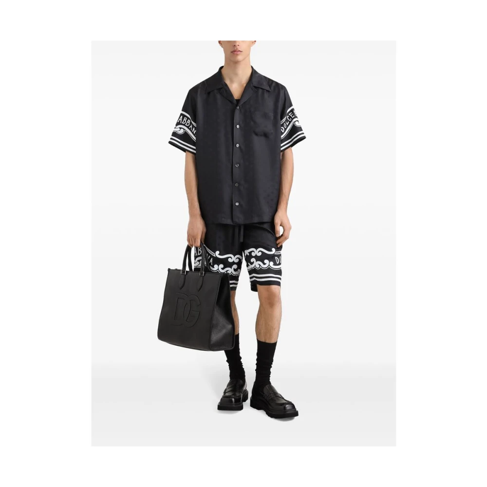 Dolce & Gabbana Zwarte Logo Print Camp Kraag Shirt Black Heren