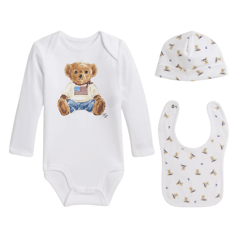 Ralph Lauren Boys White Kids Sets, 9 M, Baby Bear Bodysuit Set In