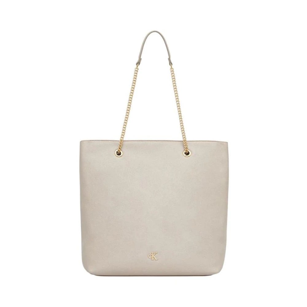 Calvin Klein Women's Beige Embossed Logo Chain Tote Bag