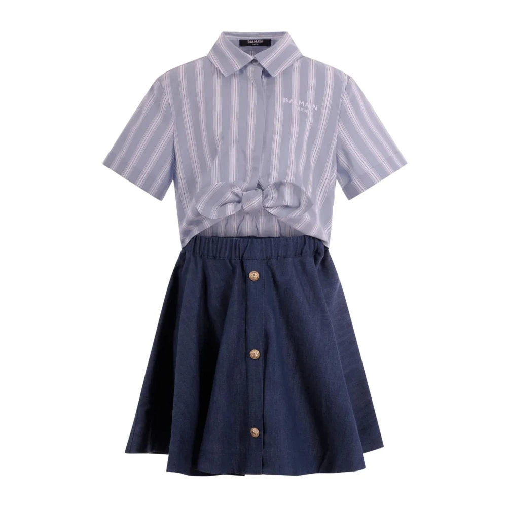 Balmain Unisex Kids Blue Abito A Righe Chiusura A Bottoni Maniche Corte Dettaglio Con Nodo Gonna Svasata - Kids Sets - 8 Y - Kids