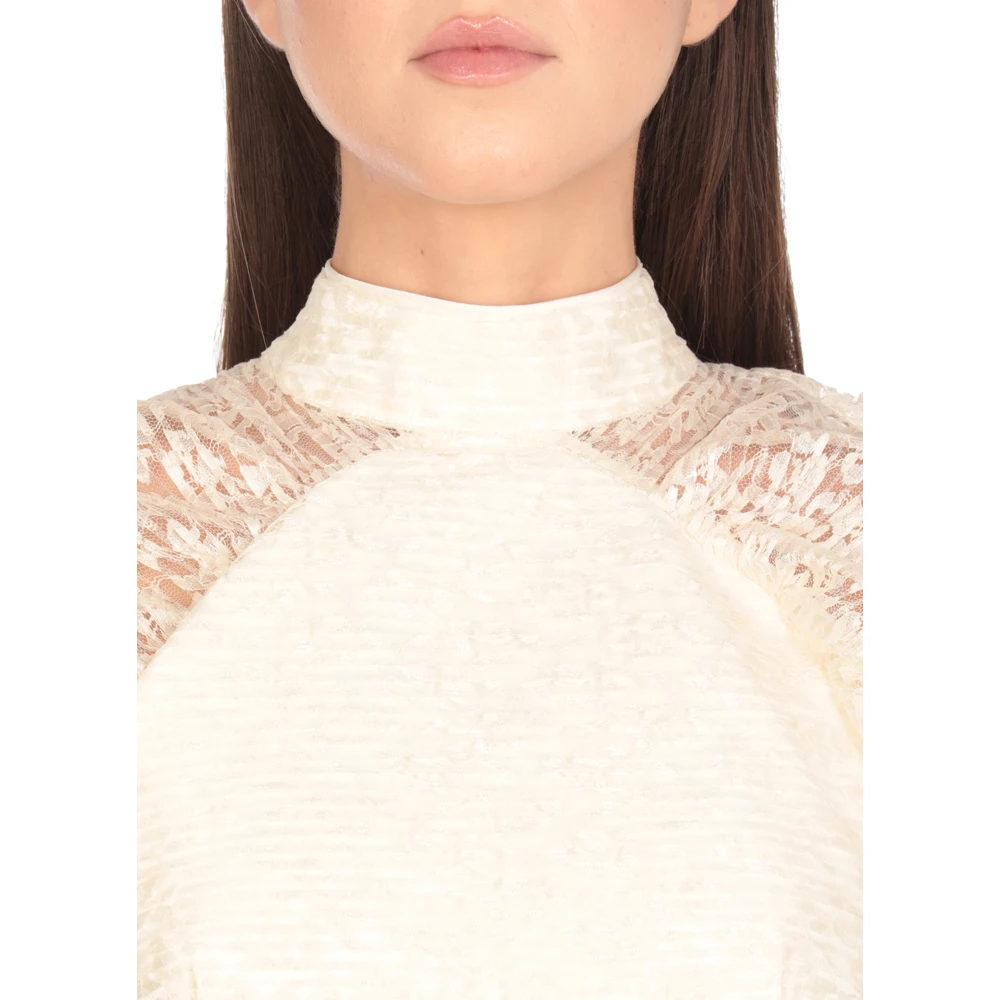 Rotate Birger Christensen Ivoor Kant Geplooide Ballonmouw Jurk Beige Dames