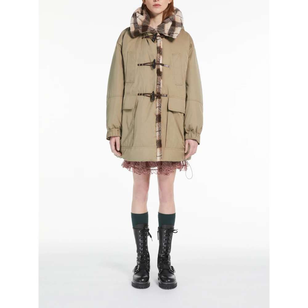 Max Mara Weekend Beige Hooded Parka Jas Geruit Beige Dames