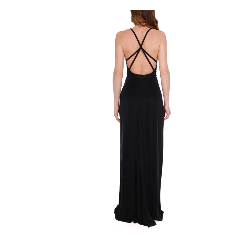 Elisabetta Franchi Zwarte Jersey Lange Jurk Dunne Bandjes Black Dames