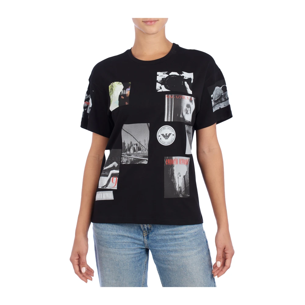 Emporio Armani Vrouw Zwart Tops Dames, 2XL, Katoen, Modern T-Shirt Met Korte Mouwen En Grafische Print