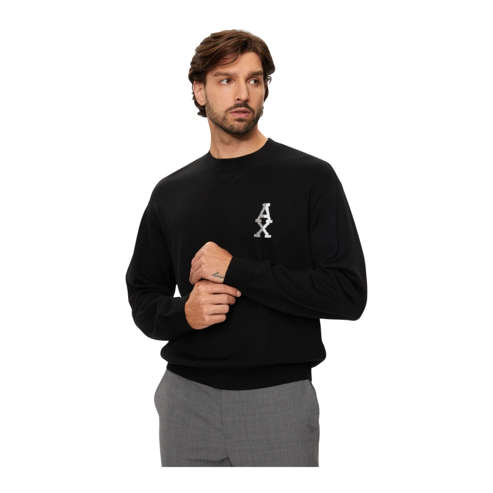 Armani Exchange Zwarte Trui Ronde Hals Lange Mouw Black Heren