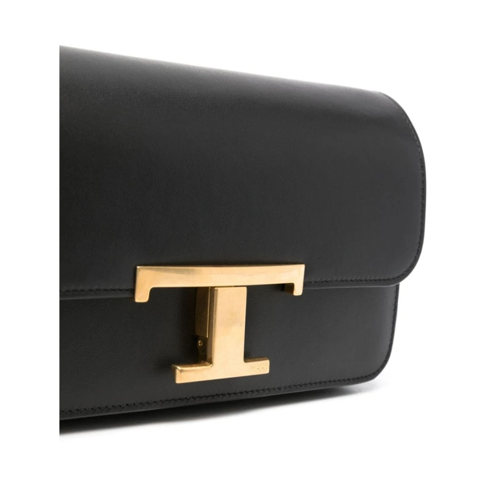 TOD'S Zwarte leren schoudertas met logogesp Black Dames
