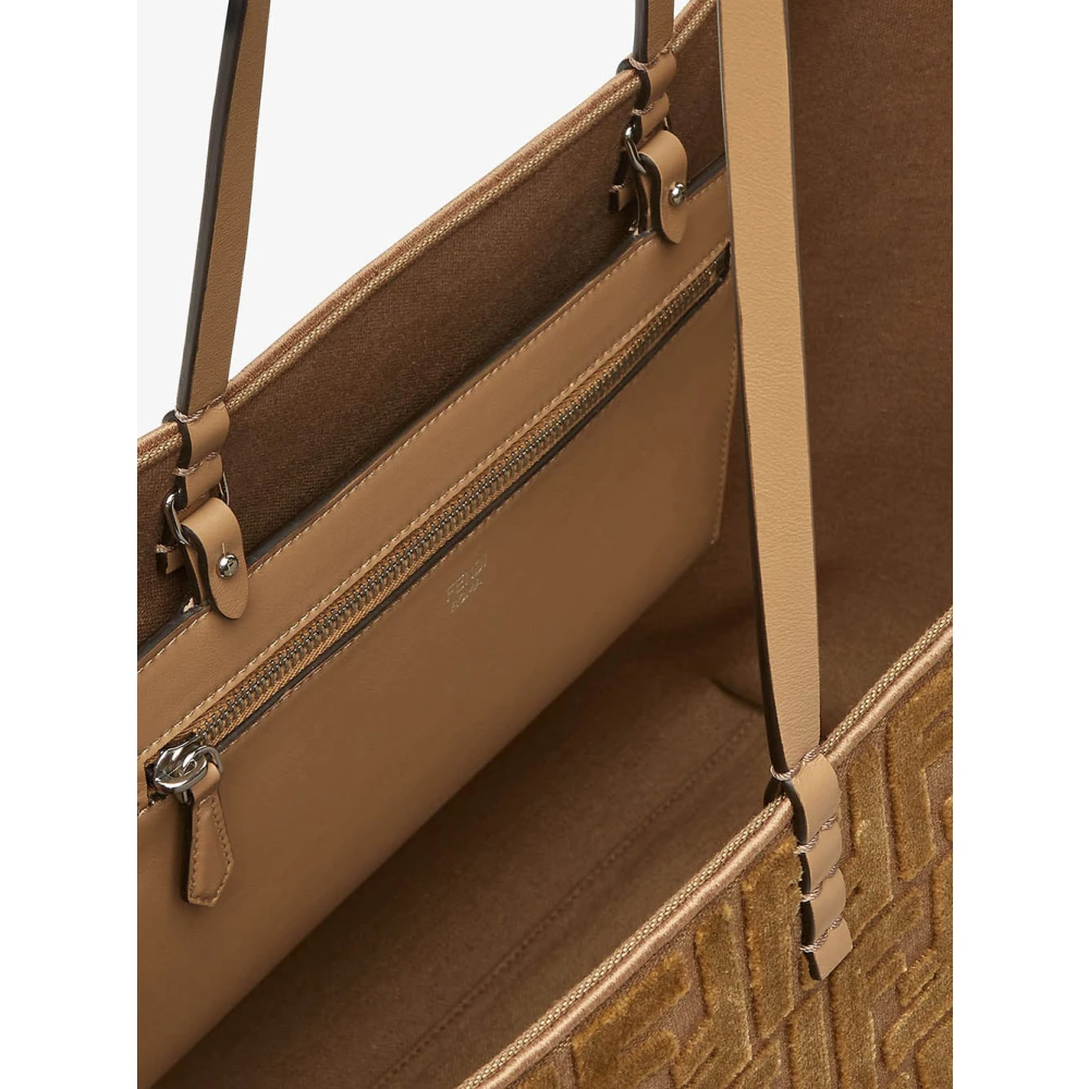 Fendi Velvet Jacquard Handtas met Kalfsleren Handvatten Beige Dames