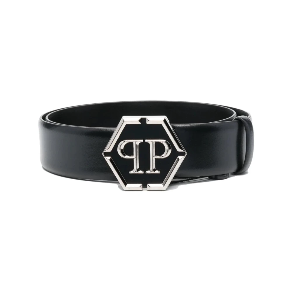 Philipp Plein Leren riem met logoplak Black Heren