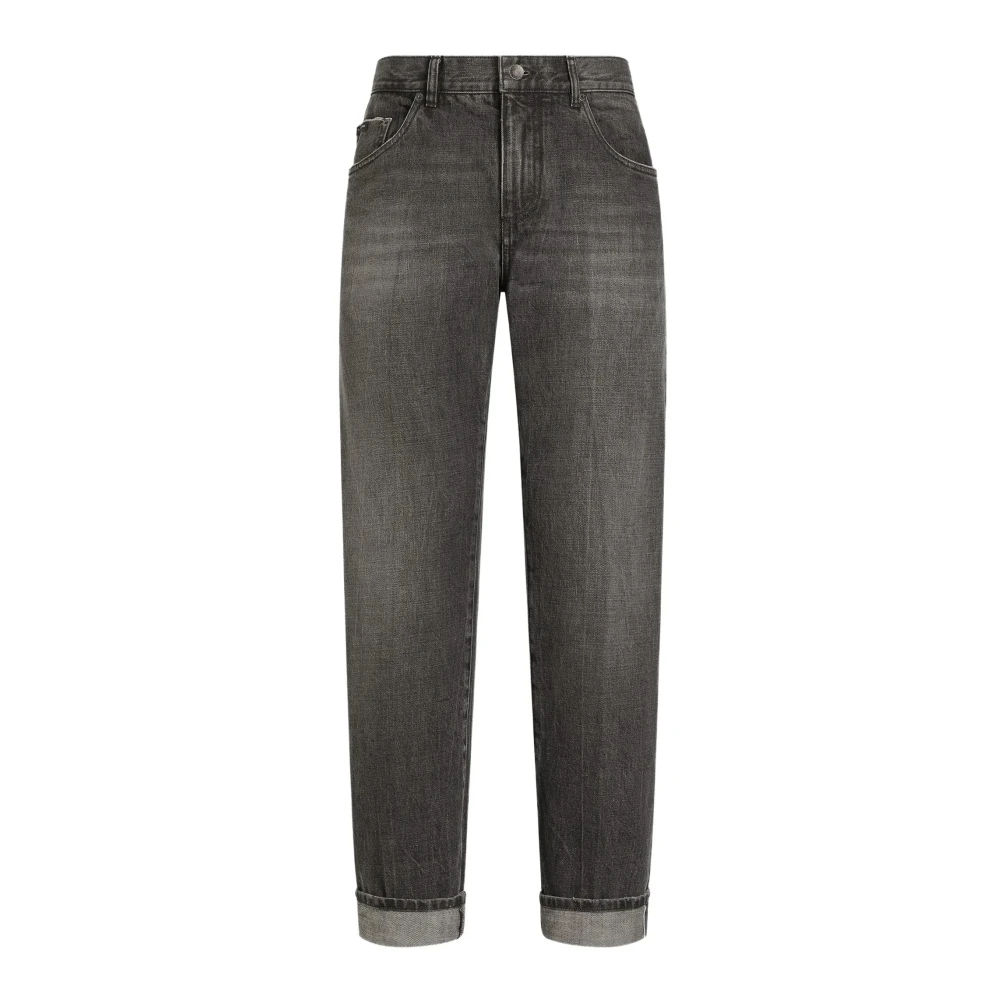 Dolce & Gabbana , Straight Fit Jeans, Male, Gray, S, Logo Plaque Jeans