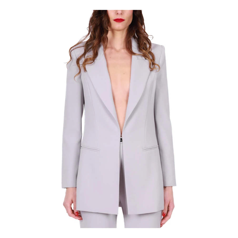 Elisabetta Franchi Elegant Crêpe Pak met Lange Jas en Wijde Broek Gray Dames
