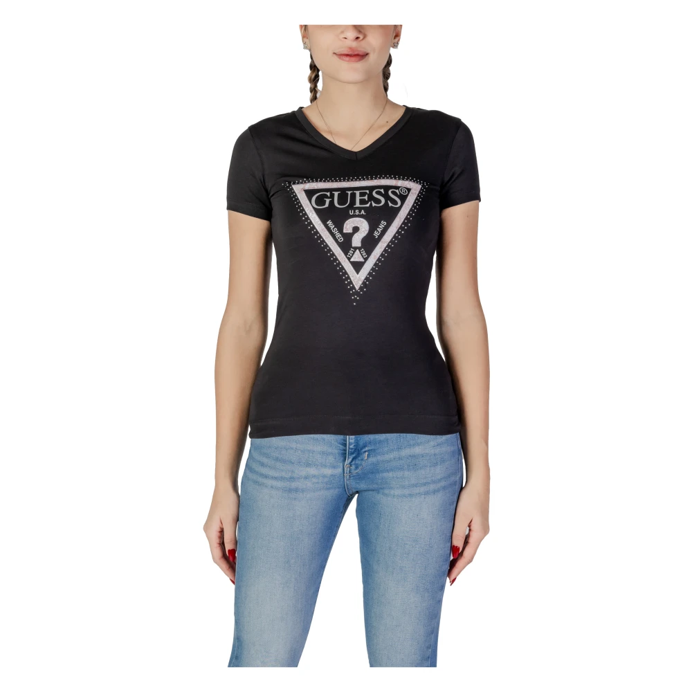 Guess Rhinestone Logo V-ringad T-shirt Black, Dam