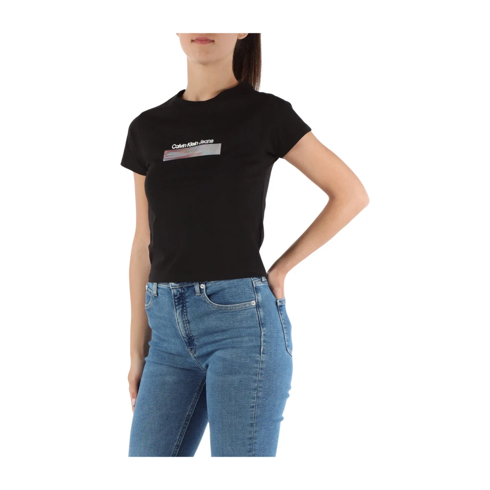 Calvin Klein Jeans Logo Print Cropped Stretch Cotton T-shirt Black Dames