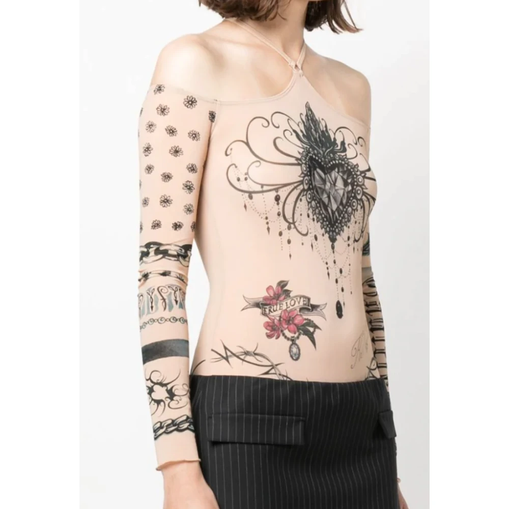 Jean Paul Gaultier T-shirt met Lange Mouwen en Trompe L`oeil Tattoo Print Beige Dames
