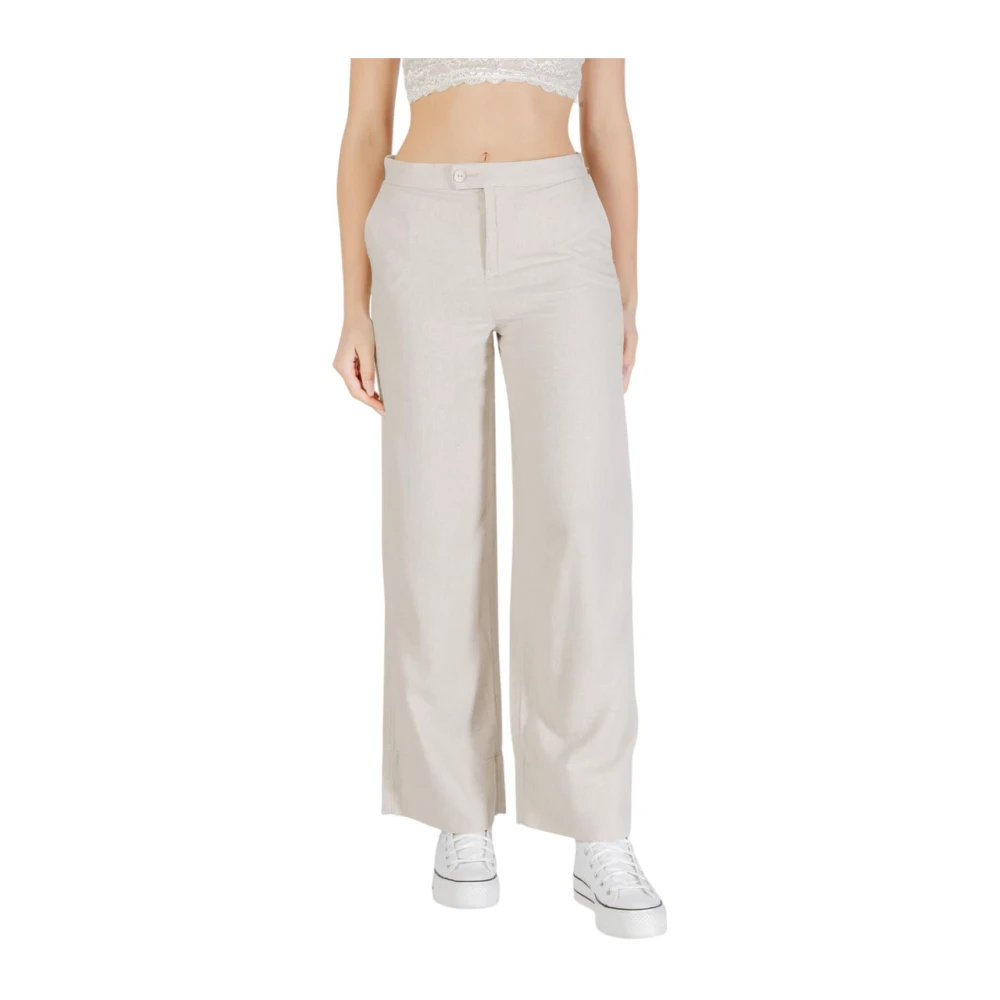 Only Women's Beige Wide Trousers,, Linen Blend Wide Leg Trousers Medium