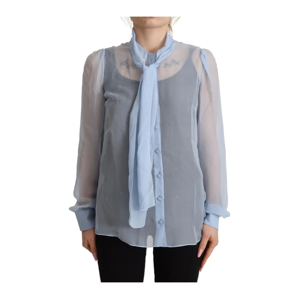 Dolce & Gabbana Elegante Zijden Blouse met Ascot Kraag Blue Dames