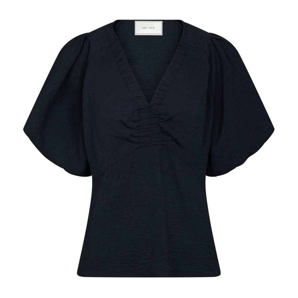 Neo Noir Blue Blouses, Female, Xs, Navy Puff Sleeve Blouse