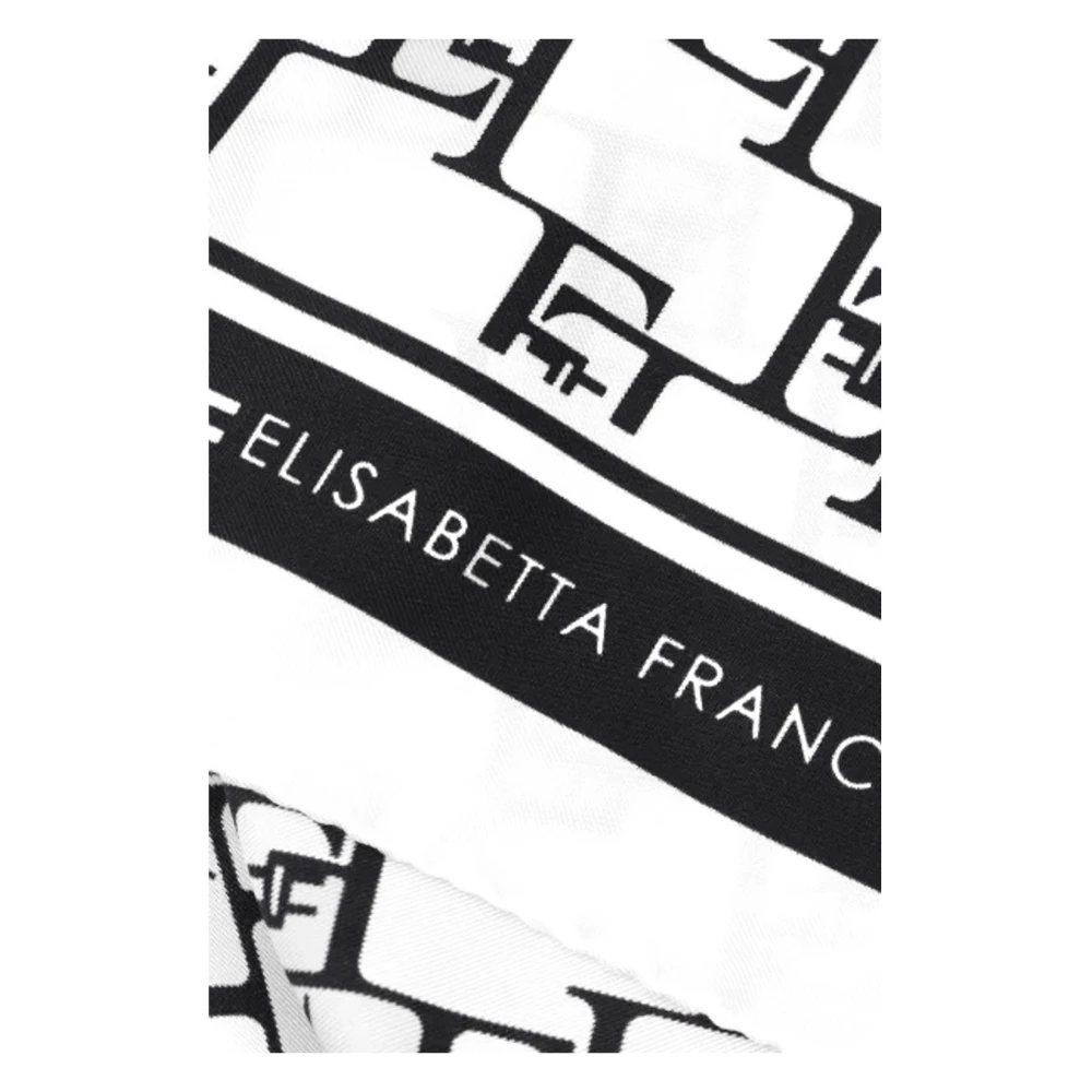 Elisabetta Franchi Zijden Foulard met Logo Print en Gestreepte Contrastrand Beige Dames