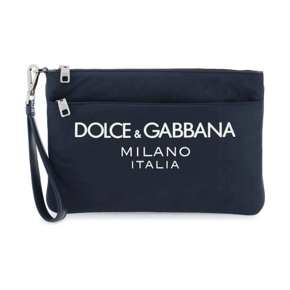 Dolce & Gabbana Nylon Pouch met Rubberen Logo Blue Heren