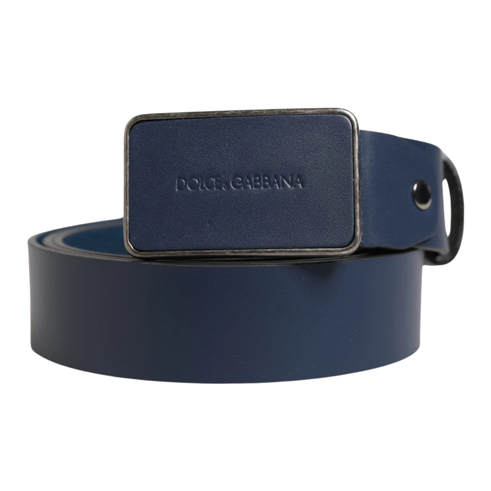 Dolce & Gabbana Men's Blue Logo Leather Buckle Belt - Belts - One Size - Accessories
