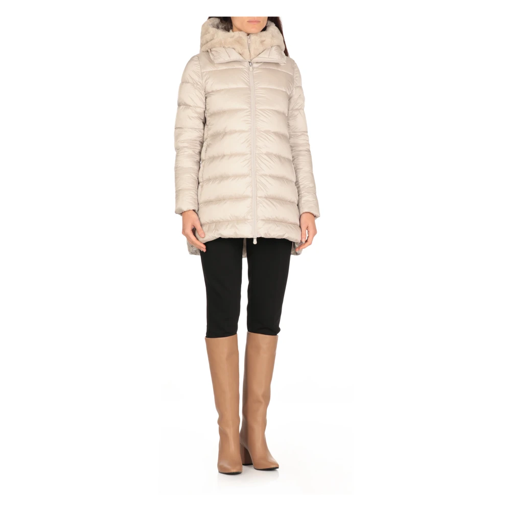 Save The Duck Beige Gewatteerde Jas met Nep Bont Capuchon Beige Dames