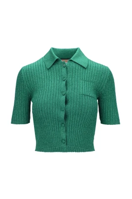 Rib Lamé Cropped Polo Shirt