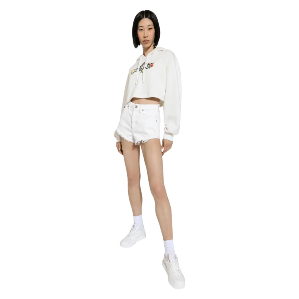 Dolce & Gabbana Bloemenprint Crop Hoodie White Dames