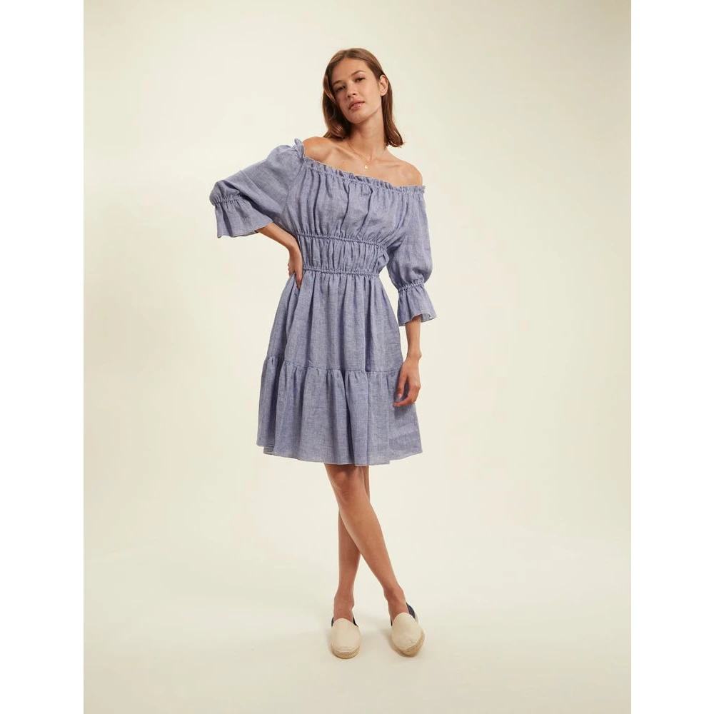 Ines De La Fressange Paris Blauwe Linnen Gerimpelde Jurk Blue Dames