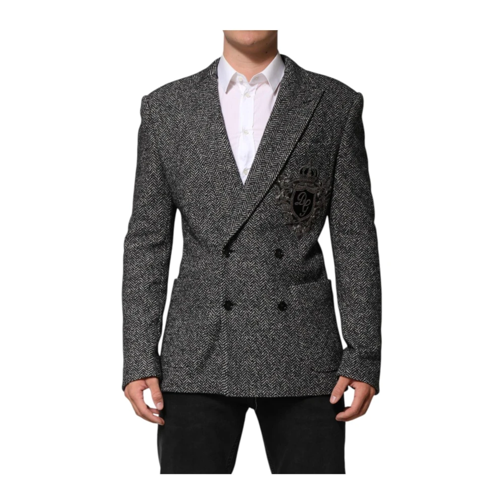 Dolce & Gabbana , Blazers, Male, Black, M, Double Breasted Slim Fit Blazer With Logo Embroidery