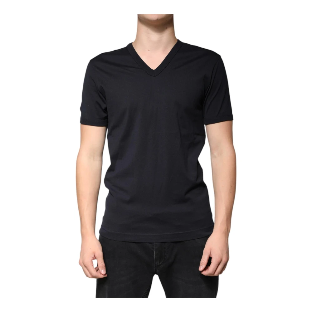 Dolce & Gabbana Svart Bomull V-ringad T-shirt Män Black, Herr