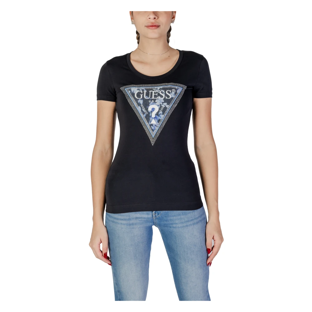Guess Women's Black T-Shirts, M, Rhinestone Triangle Logo Tee