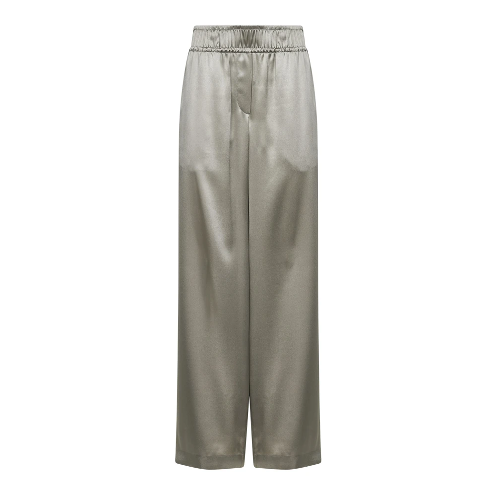 Brunello Cucinelli Women's Gray Wide Trousers, S, Stretch Silk Satin Track Trousers