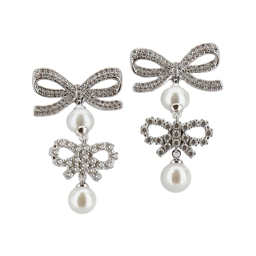 Self Portrait Double Bow Pearl Earrings - Female - Earrings - Gray - One Size - Accessories