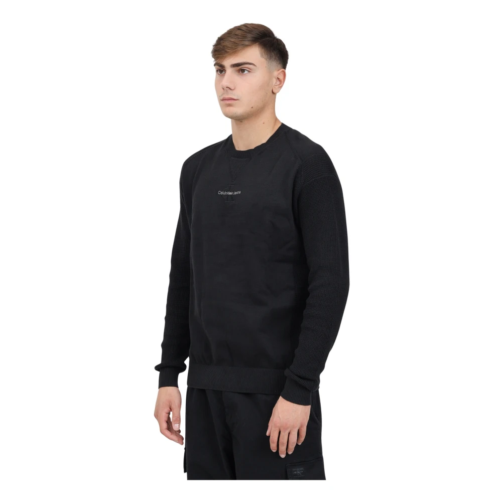Calvin Klein Jeans Zwarte Crewneck Sweater Logo Borst Black Heren