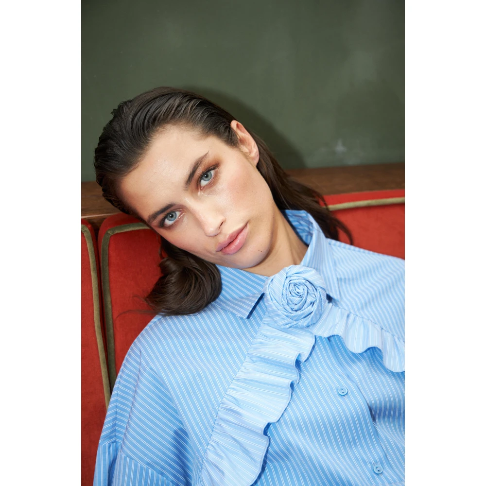 Cras Bloemen Oversized Shirt met Ruchedetails Blue Dames
