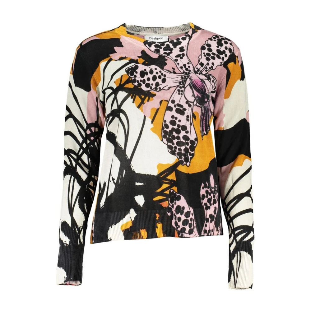 Desigual Women's Multicolor Pink Linen Jumper With Logo Detail - Round-Neck Knitwear - S- Knitwear