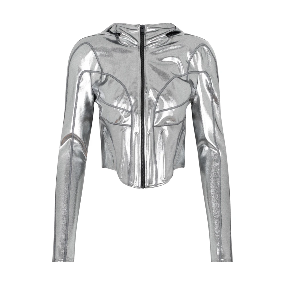 Mugler Chrome Silver Hooded Jacket Gray Dames