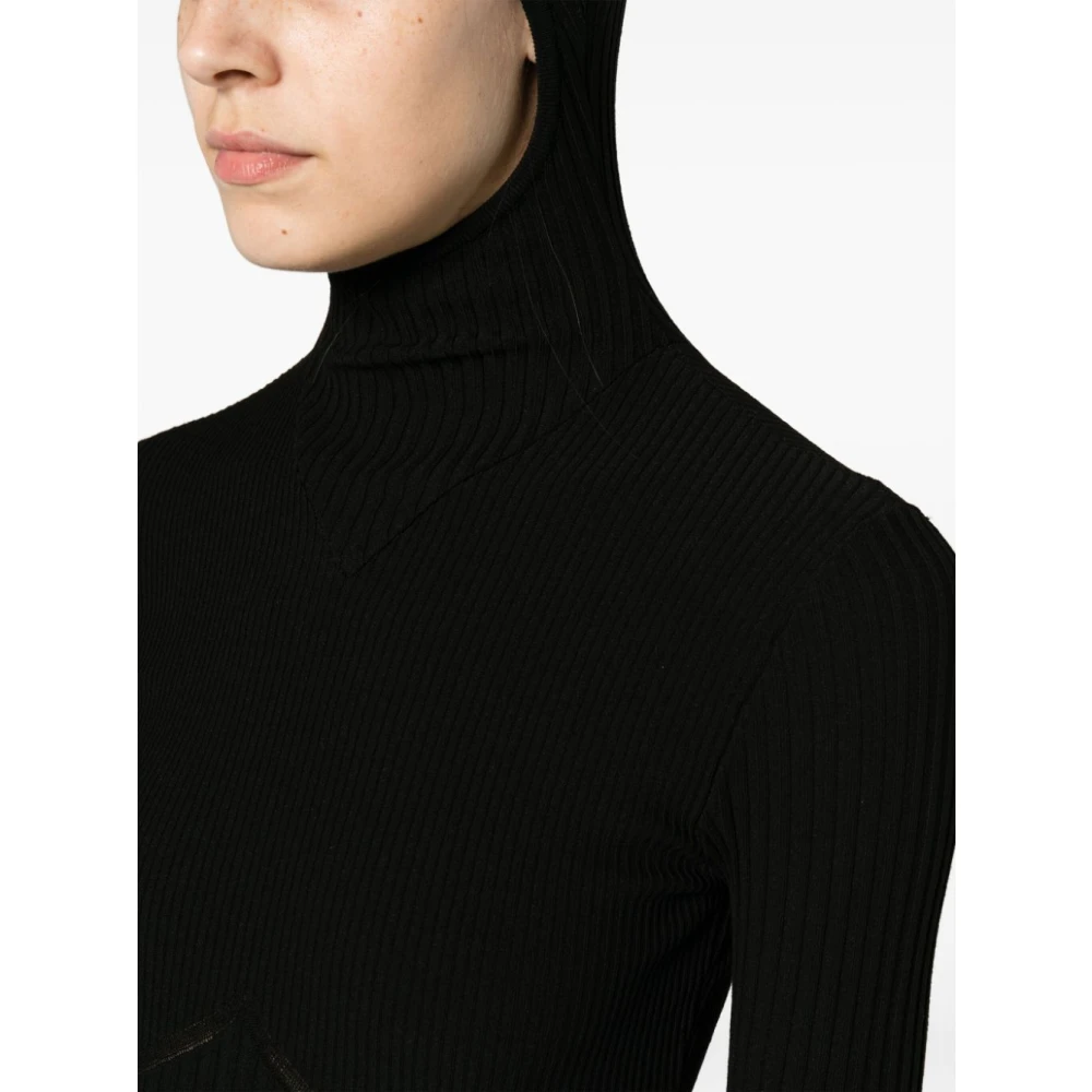 Andrea Adamo Zwarte Geribbelde Stretch Coltrui met Capuchon Black Dames