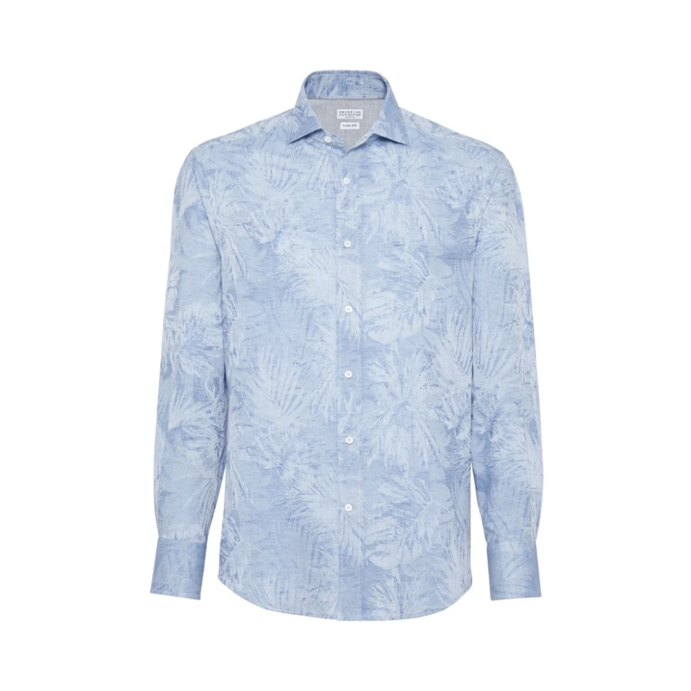 BRUNELLO CUCINELLI Blauwe Palm Springs Jacquard Overhemd Blue Heren