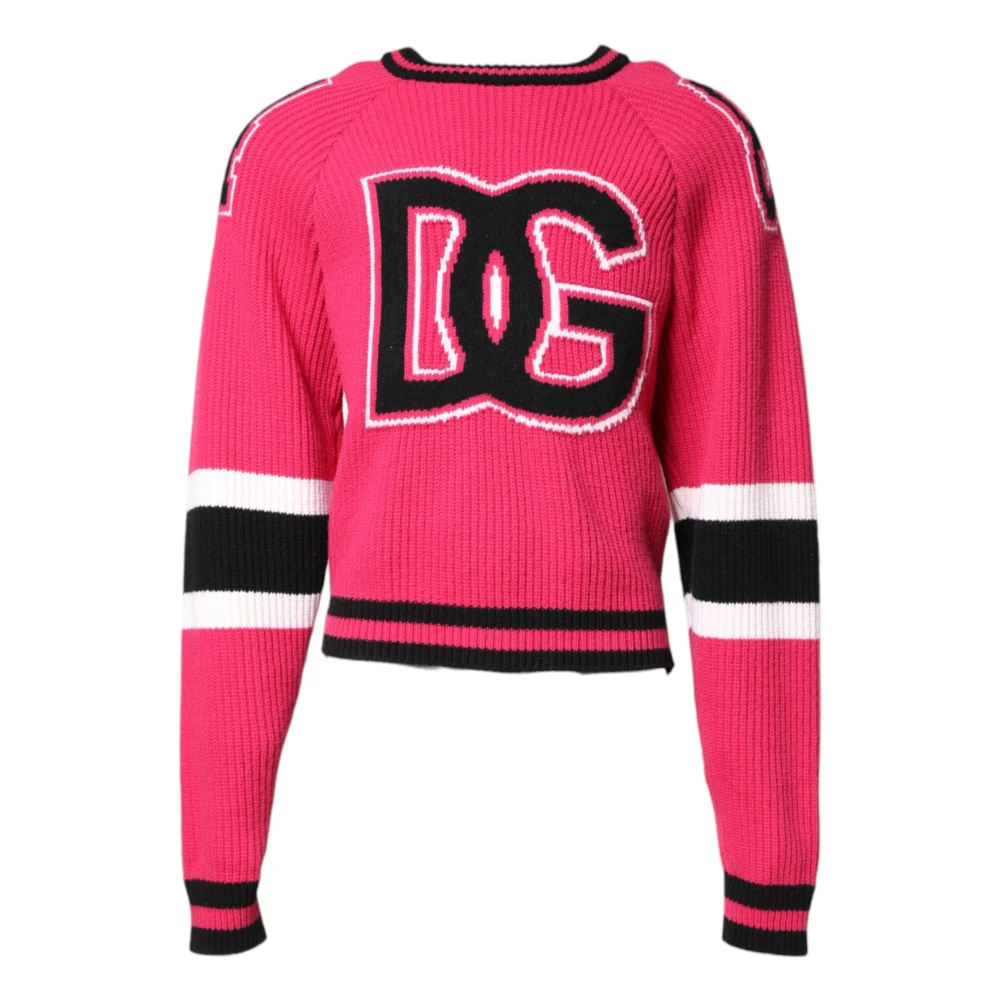 Dolce & Gabbana , Round-Neck Knitwear, Male, Pink, M, Pink Logo Print Knit Pullover Jumper
